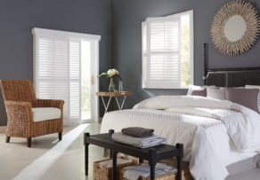 Sliding glass door plantation shutters. Custom made at AAA Blinds of Lakeland. Serving all of Polk County