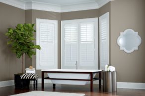 Bathroom plantation shutters. Custom made at AAA Blinds of Lakeland. Serving all of Polk County